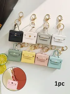 Pure Color Small Square Bag Keychain, Women's Car Hanging Decoration, Creative Gift, Earphone Case, PU Leather Key Chain, Party Accessory