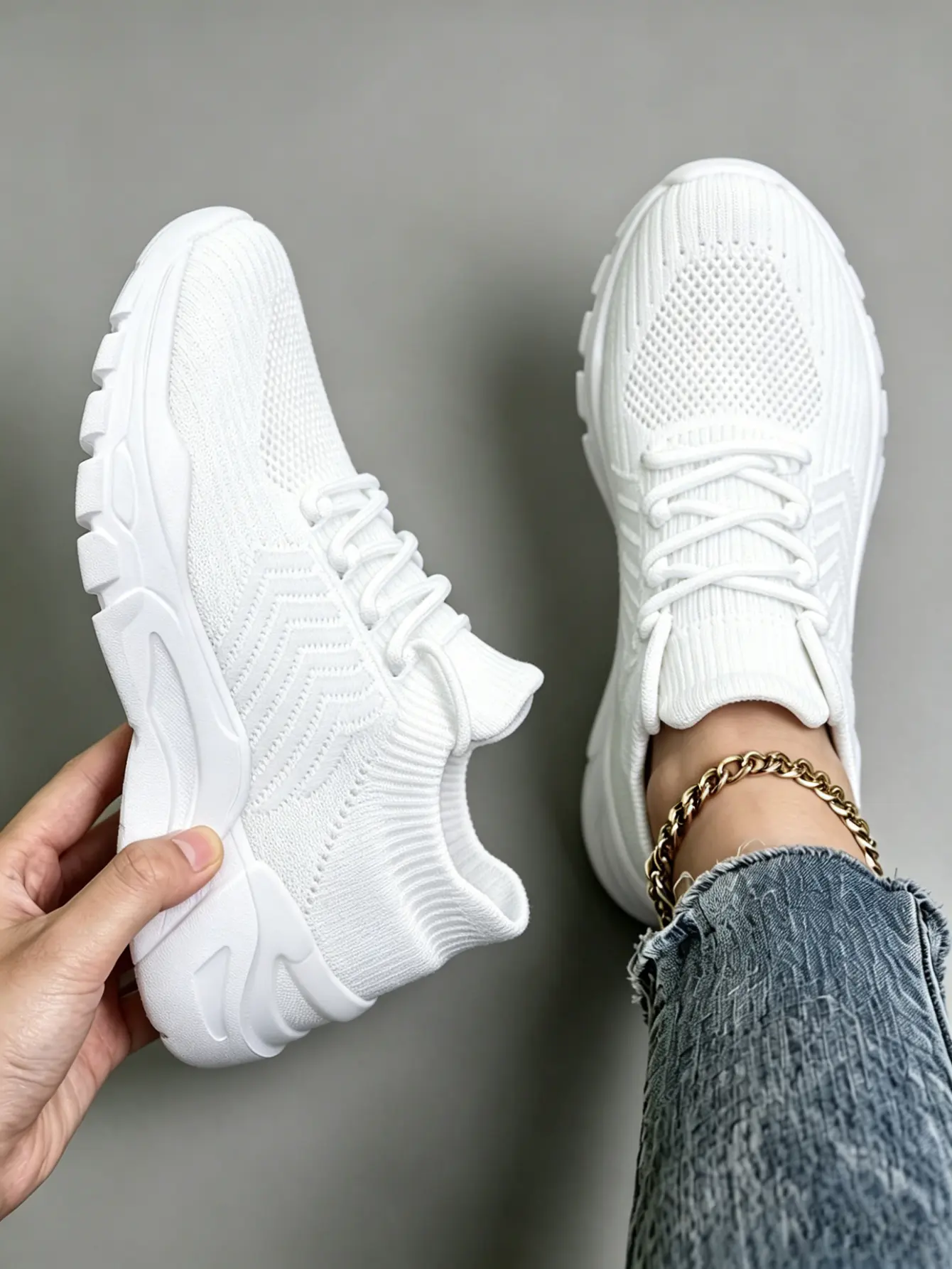 Women’s Minimalist Round Toe White Knit Fabric Chunky Sneakers - Lightweight, Breathable, Cushioned Non-Slip Slip-on Lace-Up Athletic Trainers for All Seasons Daily Wear, Workout