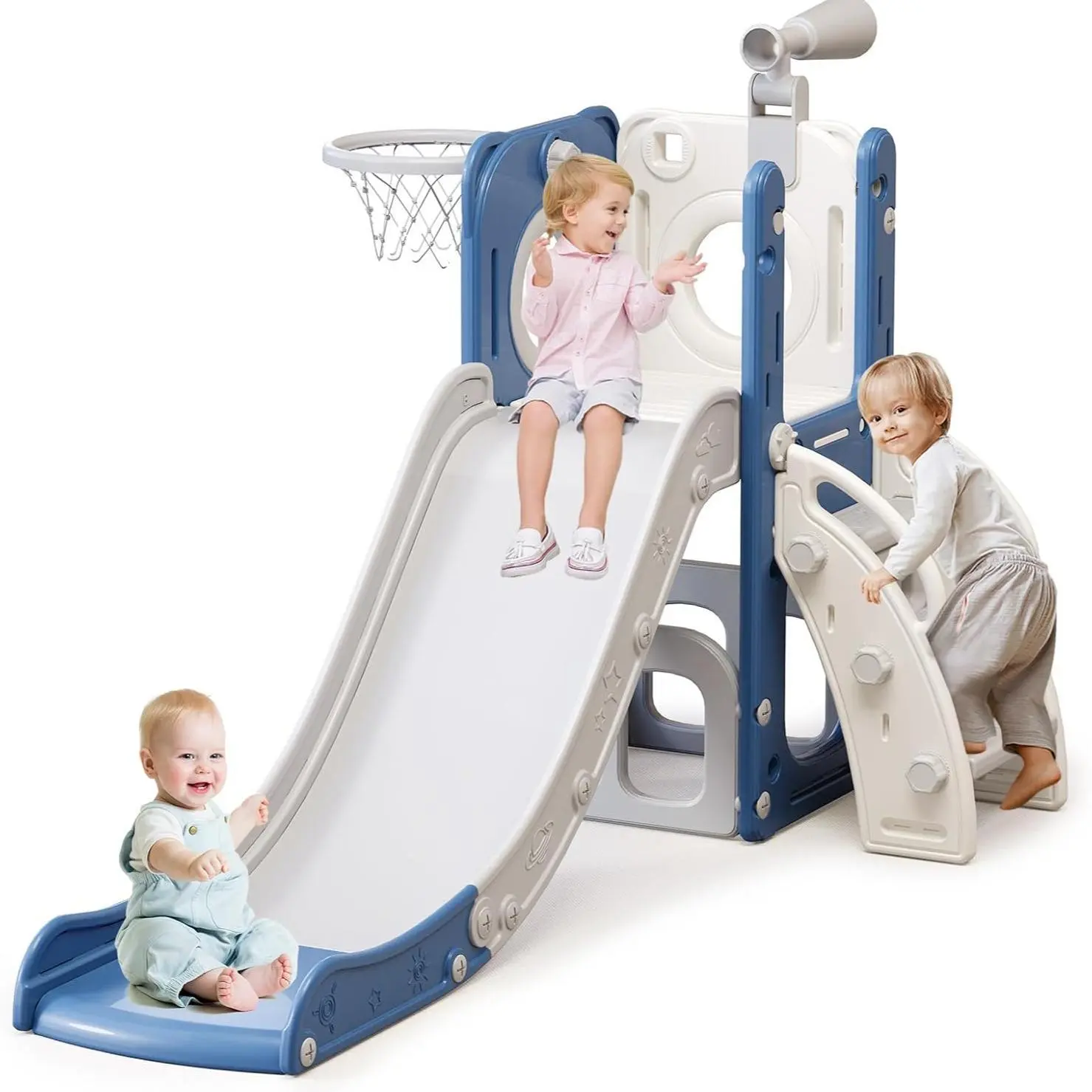 6-in-1 Indoor Playground Playset for Toddlers – Slide, Climber, , Basketball Hoop, Telescope，Toddler Slide