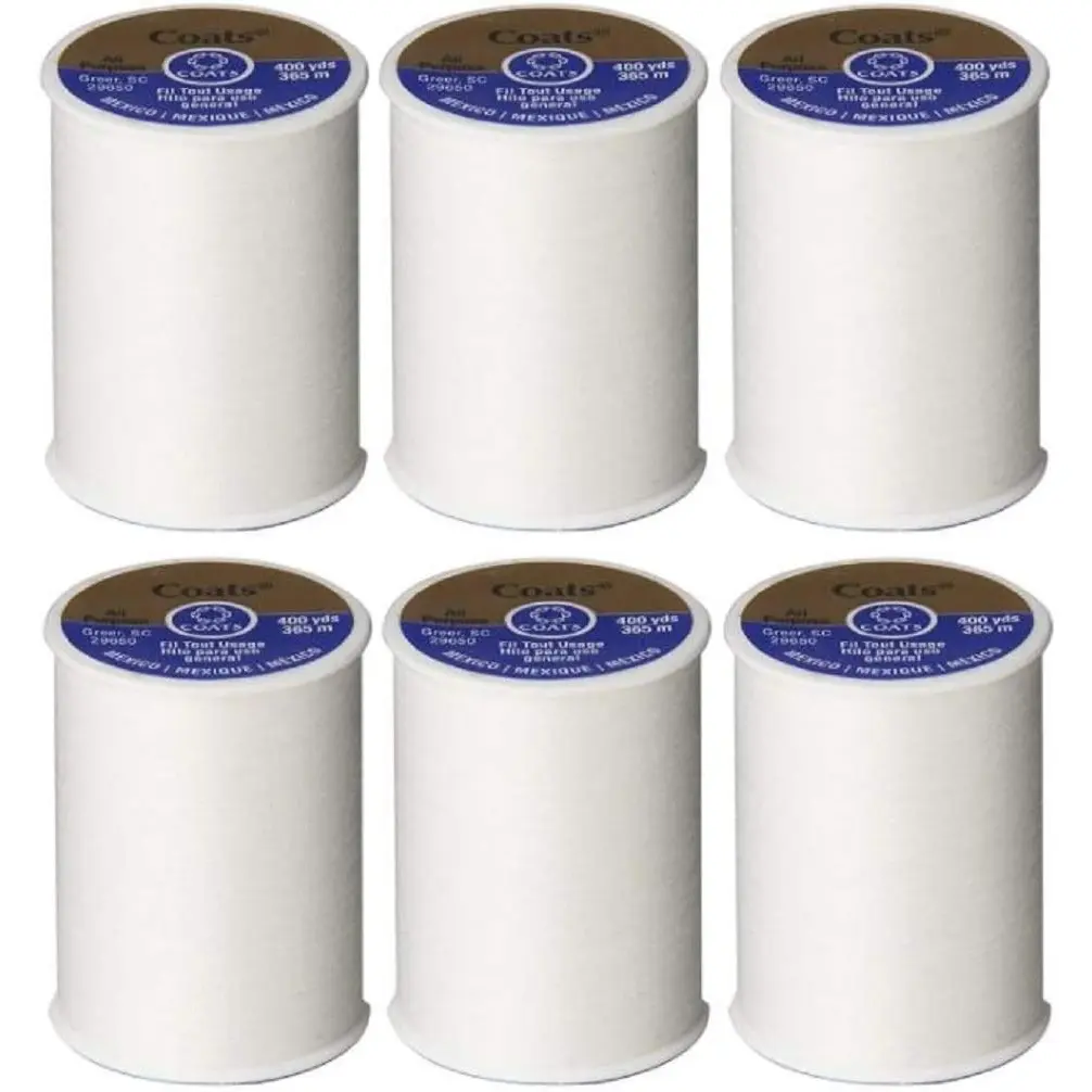 Coats & Clark All Purpose Sewing Thread for Sewing Machines, 100% Polyester High Quality Thread Spools for Hand Stitching, Medium Weight 35wt, 400 Yards, 6-Pack, White
