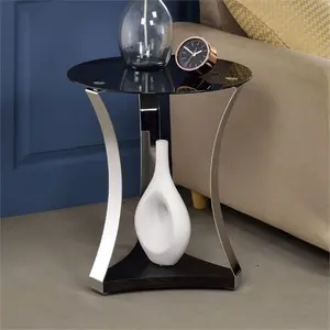 Round Glass Top End Table, Modern End Table Bedside Table, Modern Furniture for Living Room Bedroom-Black