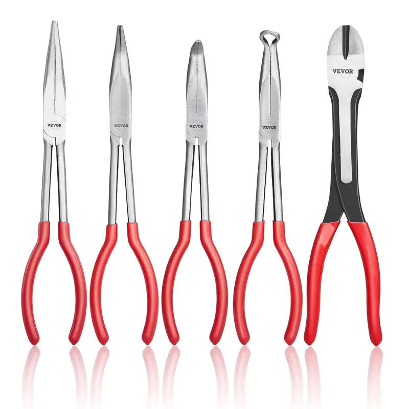 VEVOR 5-Piece Heavy Duty Carbon Steel Pliers Set with 11in PVC Handles, Storage Bag - Diagonal Cutting, 45°/90° Bent, Round, Long Needle Pliers with Strong Jaws Grip Tight, Heat-Treated Jaws, Long Handle for Steel, Copper, Iron Work