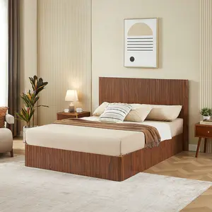 Queen Size Lift Up Storage Bed Frame, Wooden corrugated curved lines, Hydraulic Storage/No Box Spring Needed, Walnut.