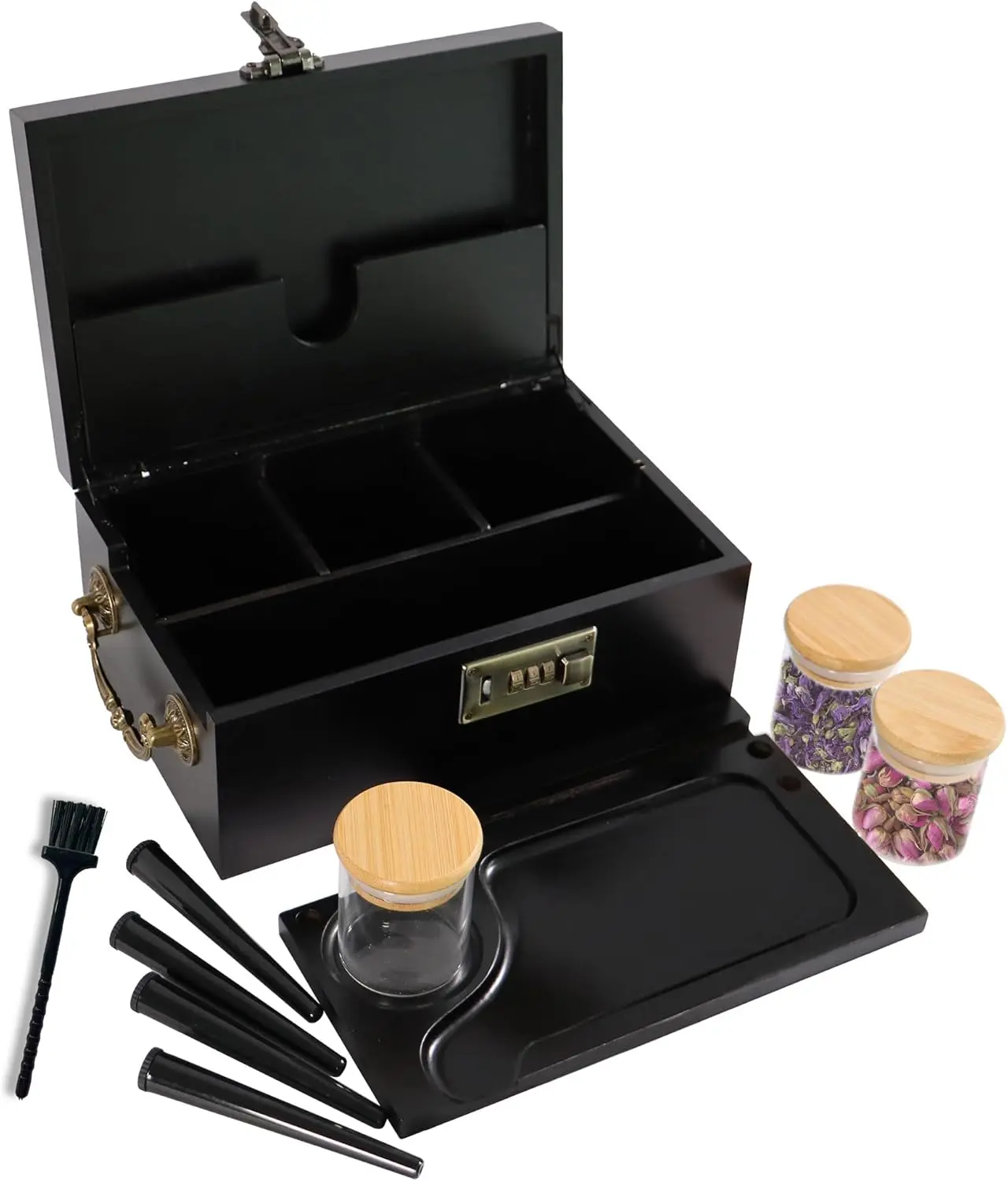 Large Bamboo Storage Box with Combination Lock & Accessories -Black Stash Box Organizer Set with Handle & Removable Tray, Bamboo Smell Proof Container Home Decorative Box for Gift Birthday Fathers Day