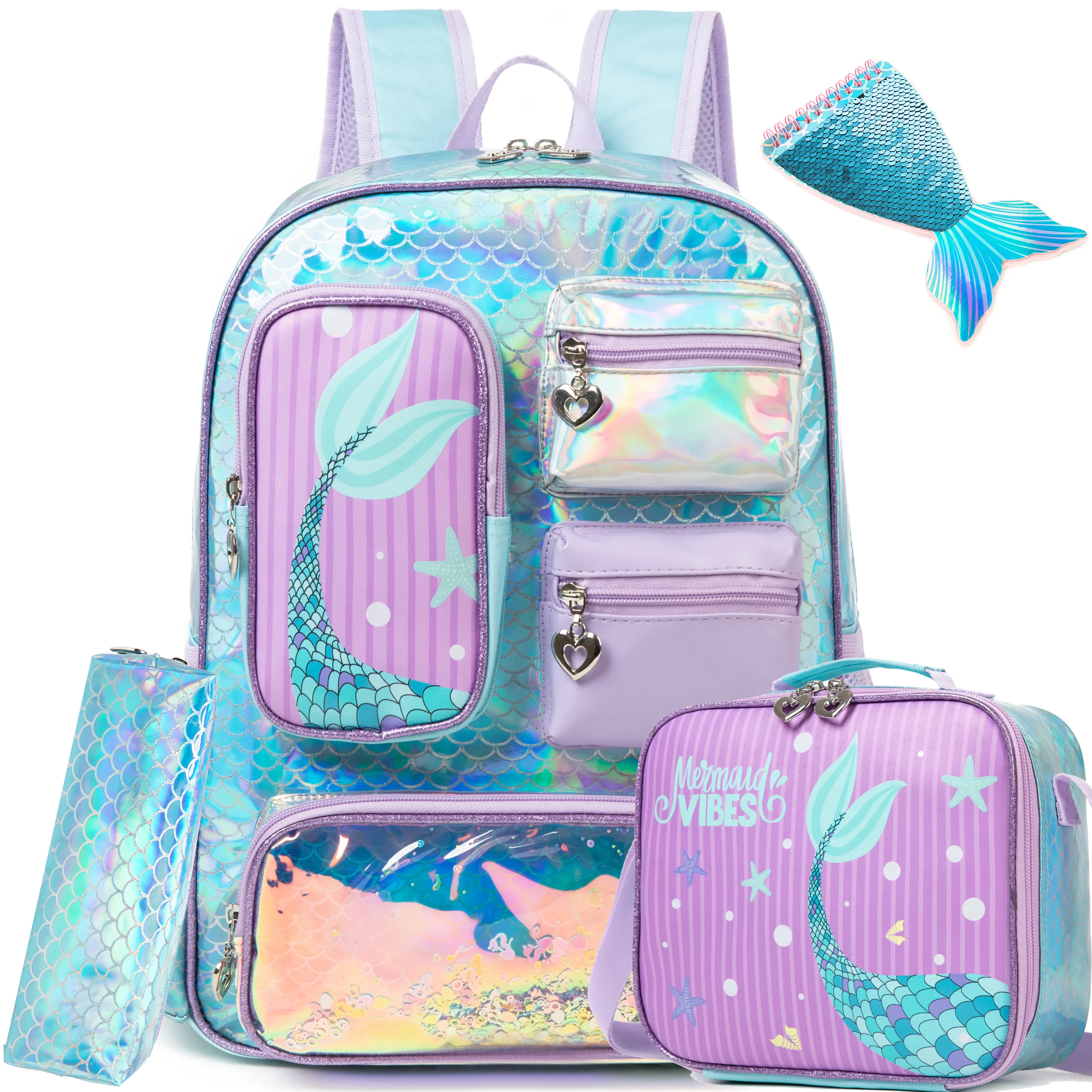 Girls' Nylon Backpack Set, 3-Piece Cute Mermaid Pattern with Holographic Liquid Glitter, Insulated Lunch Box & Pencil Case, Pattern Backpack Set