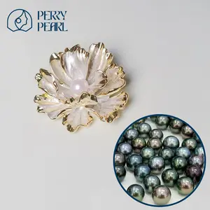 【Peony Brooch】+【Black Tahitian Pearl】Deep Sea Black Pearl 8-12mm