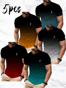 Set of 5 Men'S Short Sleeve T-Shirts with 3D Print | Stylish Letter And Stripe Design, Lightweight And Airy, Perfect for Summer Casual Outfits And Outdoor Fun