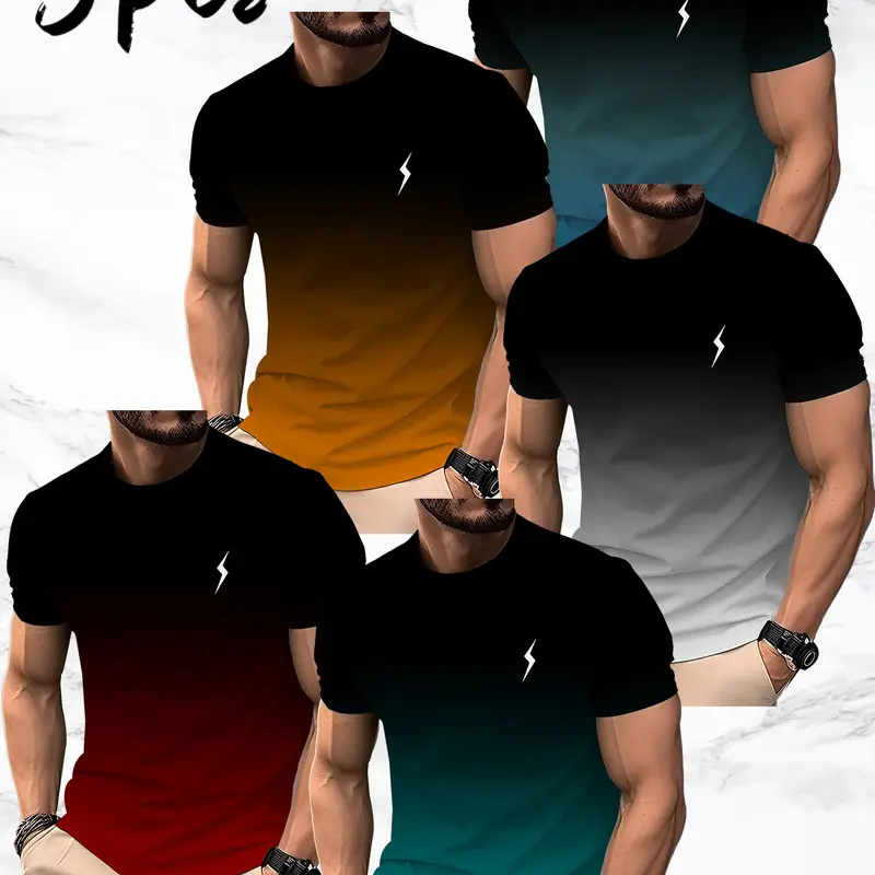 Men's Casual Ombre/Gradient/Striped Print Short Sleeve T-Shirts (5pcs), Stylish Summer Wear, Lightweight and Airy Fabric, Perfect for Outdoor Activities, Tropical Menswear