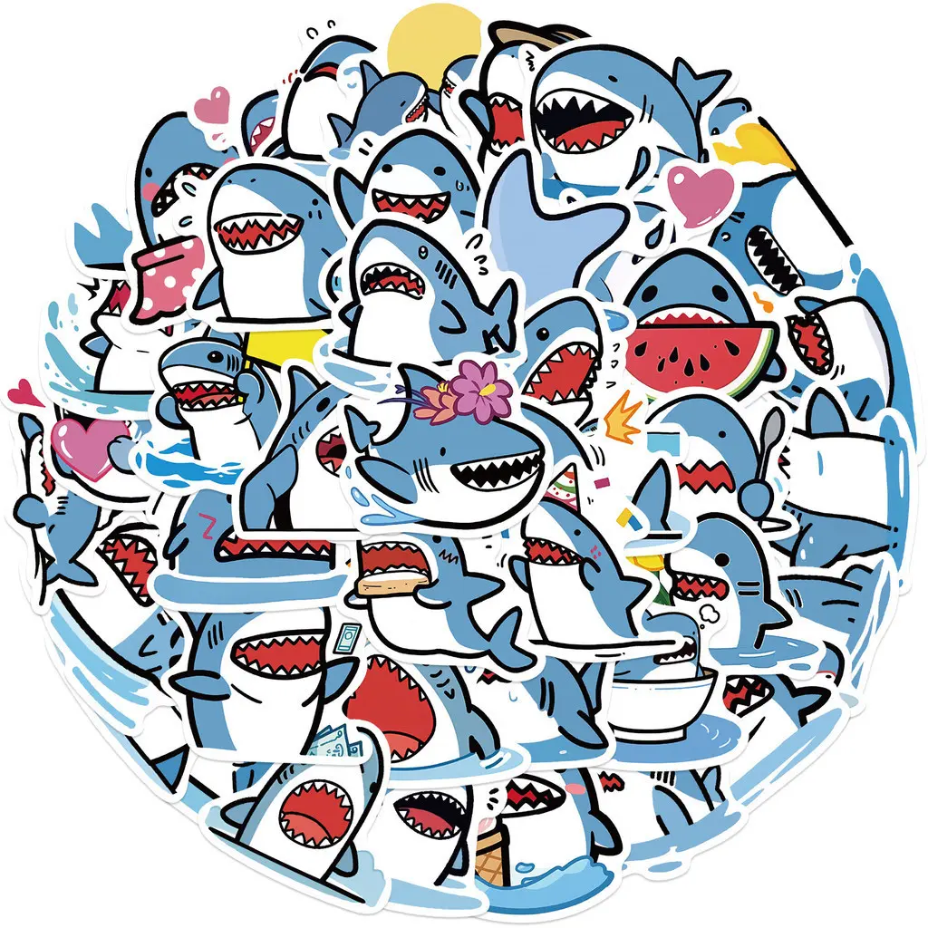 50PCS Cartoon Blue Fat Shark Graffiti Stickers for Helmet Bicycle Hand Account Pencil Case Decals LanLanStickersWorld