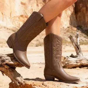 Women's Cowboy Mid-Calf Boots Western Cowgirl Boots Pointed Toe 2-inch Chunky Heel Footwear Embroidered PU Leather Wide Calf Pull On 2025 Fall Winter Fashion Retro Country Comfortable Party Shoes