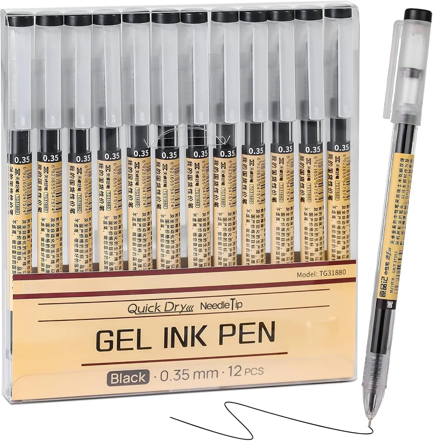 Black Gel Roller Pens, 12-Count Pack, 0.35 mm Extra Fine Tip, Quick Dry, Smooth Writing, Transparent Plastic Shell, Uninterrupted Line for Working Administrative Personnel and Architects