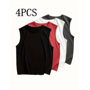 Men's 4 Pieces Slim Fit Sleeveless Round Neck Tank Tops Soft Breathable Fabric All-Season Casual Wear Machine Washable Multiple Colors Available Black Red White Grey Sports T-shirt Fashionable Comfortable Clothing Crewneck Tshirt
