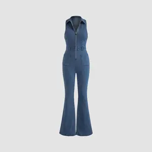 Cider Denim Collar Flare Leg Jumpsuit