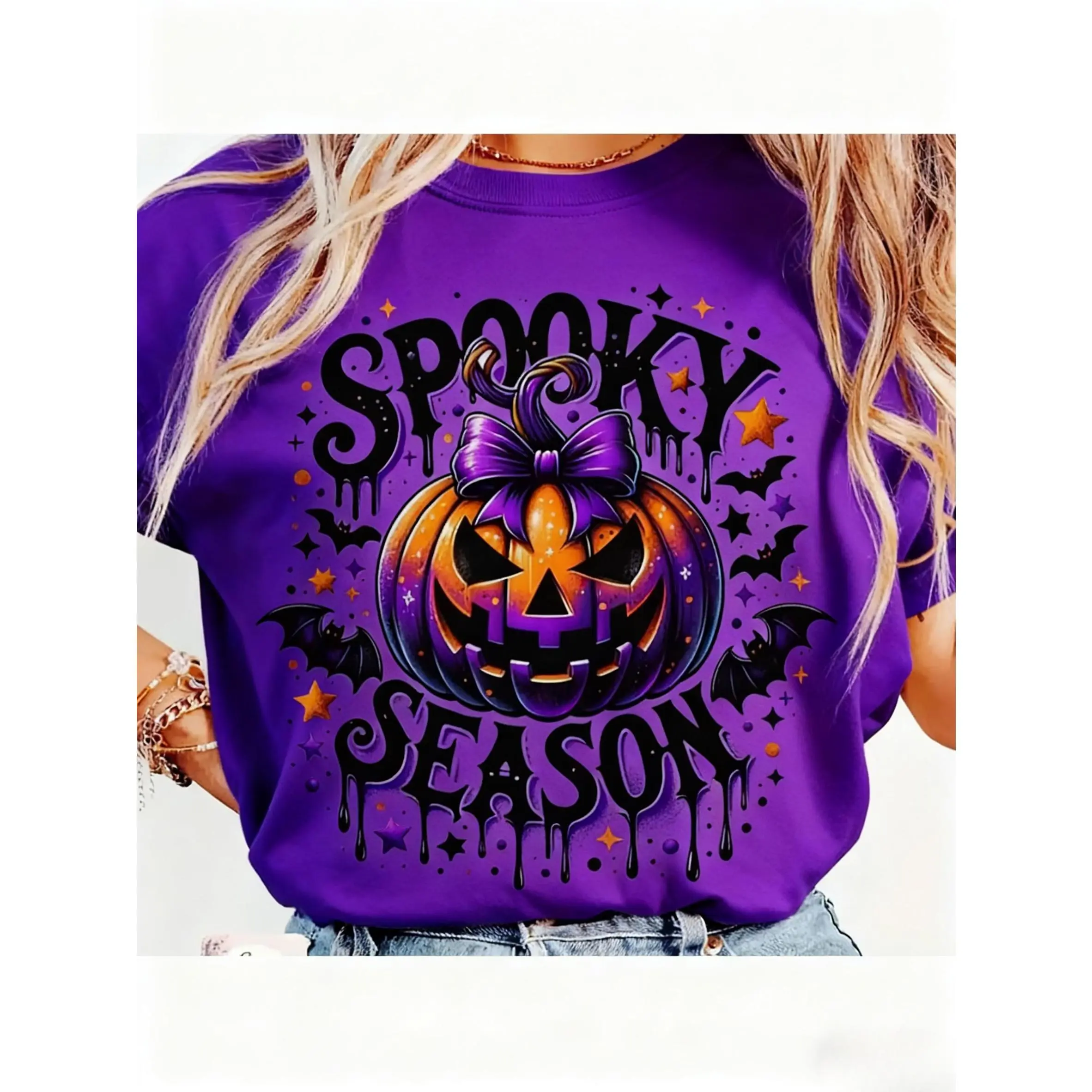 Women's 100% Cotton Vibrant Purple Short-Sleeve T-Shirt - Smooth Fabric, Printed Spooky Pumpkin & Bat Graphic, Casual Fit, Ideal for Halloween Parties & Fall Festivities
