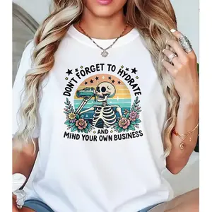 Don't Forget To Hydrate & Mind Your Own Business' Retro Sunset Skeleton Print T-shirt Retro American Style Casual Top