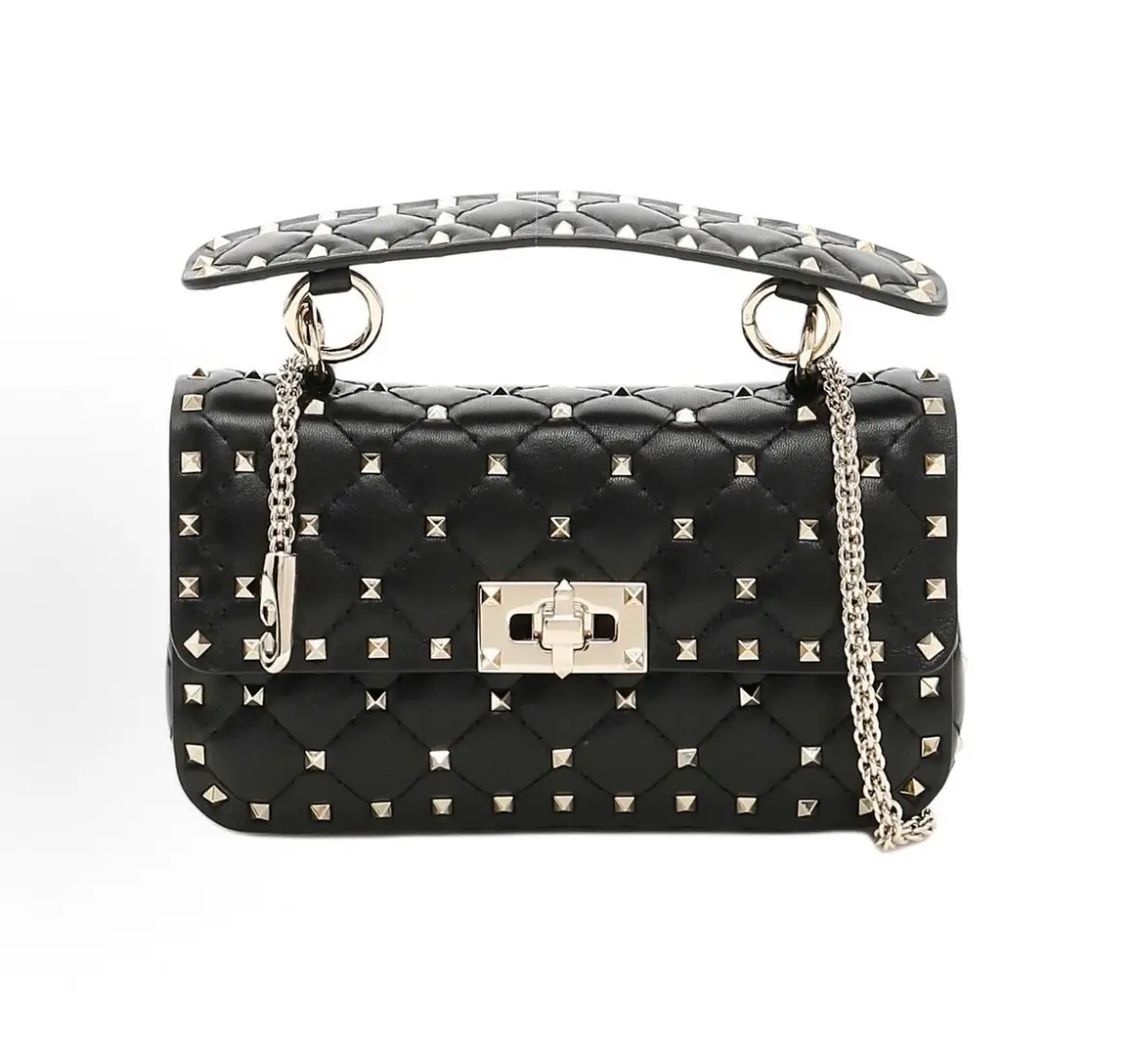 Pre-owned Valentino Small Black & Gold Rockstud Top Handle Crossbody Bag, Authenticity Verified, Excellent Condition (2602923), Crossbody Bags