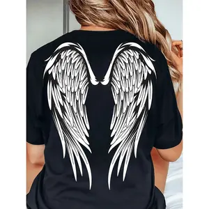 Versatile Casual AllSeason Geometric Angel Wings Print Round Neck Short Sleeve TShirt For Women