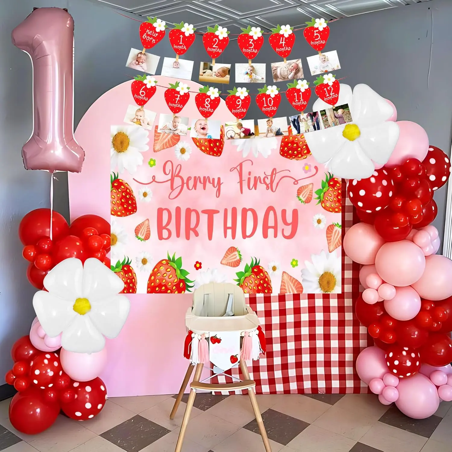Strawberry Themed 1st Birthday Party Supplies Set for Girls - Backdrop, Photo Banner, Daisy Accents, Baby Shower & 12-Month Celebration Decorations