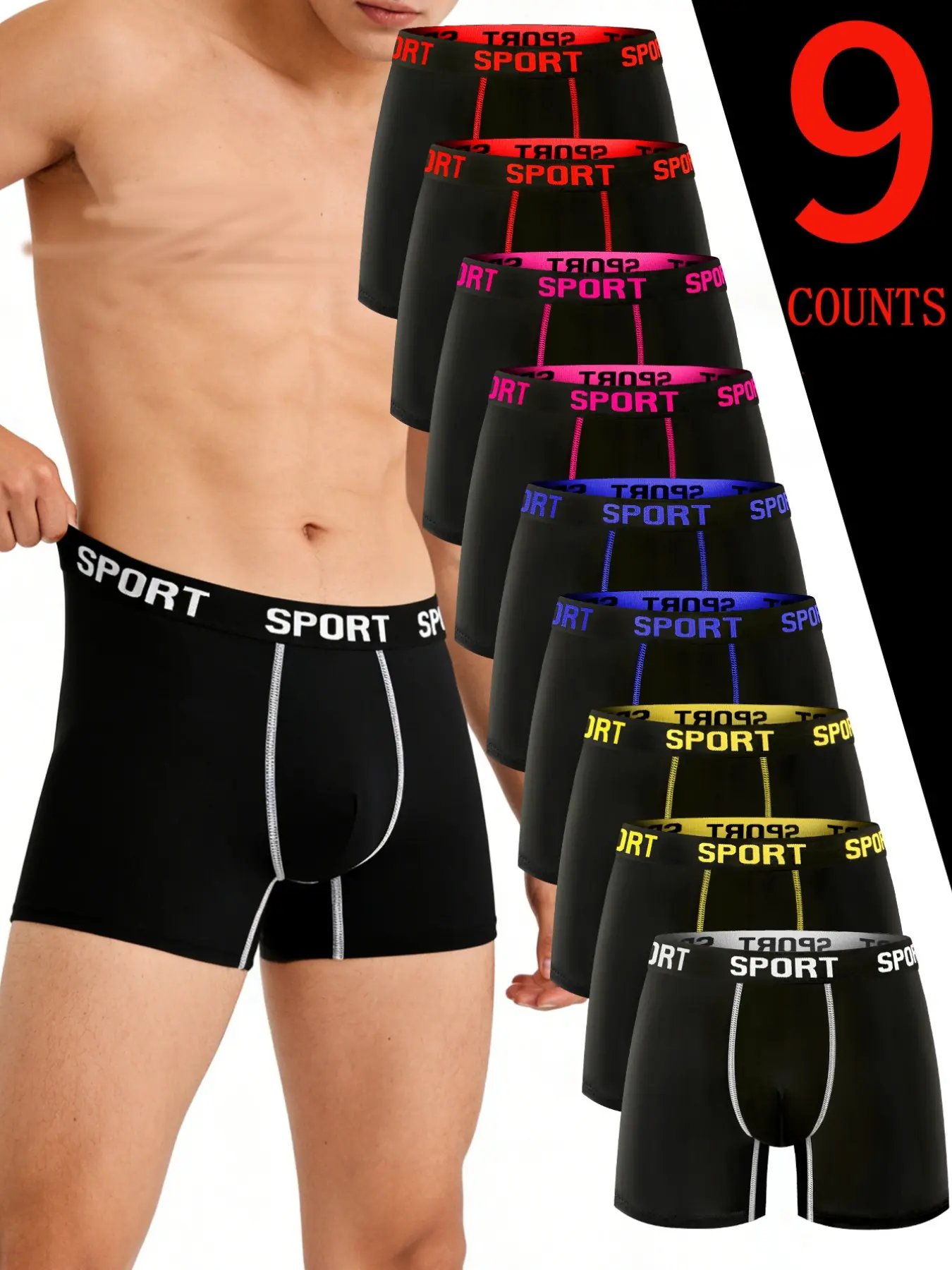 9 pcs Men's long style flat cornered underwear, Comfortable and breathable underwear, Lightweight and soft, sporty men's underwear, Suitable for home wear, Durable and casual, Suitable for fitness boxing, Four Seasons Men's long flat corner underwear.