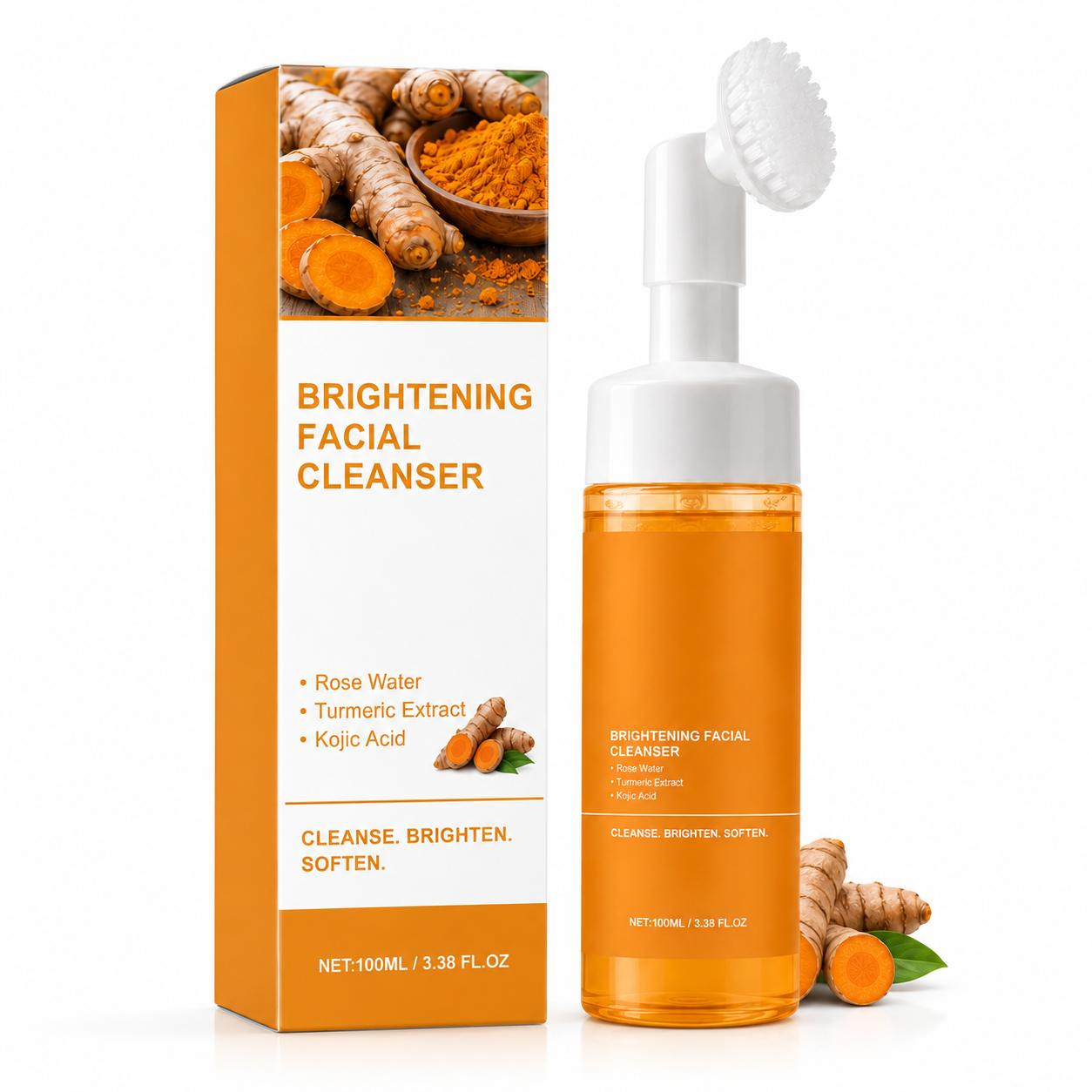 Turmeric & Kojic Acid Foaming Facial Cleanser (100ml) with Built-In Silicone Brush, Gentle Brightening Foamy Foam Face Wash with Turmeric Blend, Rose Water for All Skin Types, Daily Use & Freshness