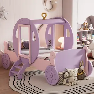 Double Princess Carriage Bed with Wooden Platform and Crown, Sturdy and Durable, High-Load Capacity, Easy to Install