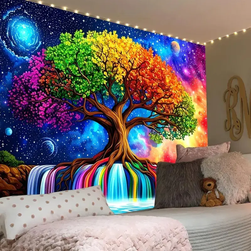 Simpke Blacklight Tree of Life Tapestry - UV Reactive Fantasy Colorful Rainbow Waterfall Wall Hanging, Glow in the Dark Galaxy