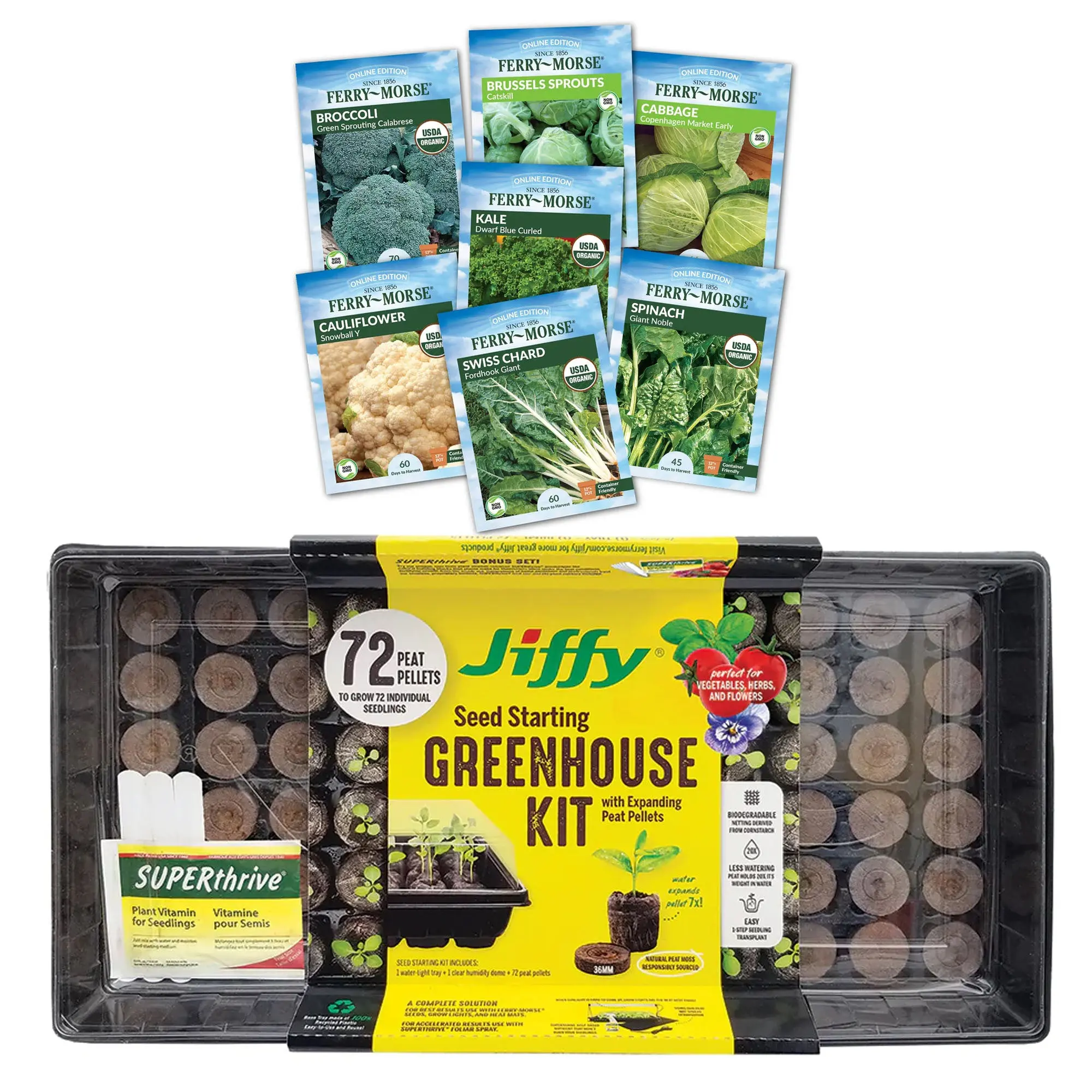 Jiffy Seed Starting Greenhouse Kit with 72-Cell 36mm Peat Pellets and Ferry-Morse Cold Hardy Vegetable Seed Variety Pack for Gardening, Grow Your Own Plants
