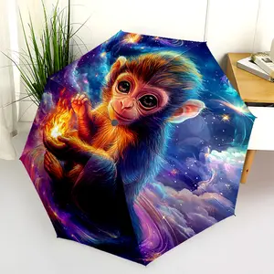 1 PC Automatic Folding Umbrella - Magical Monkey Holding Fire in Space Pattern, Portable & Foldable Design with 8 Ribs, Merry Christmas Pattern,Casual Outdoor Accessory Halloween and Christmas Birthday Gifts. F0056
