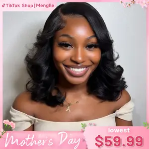 [New In 7x6 Wig] Menglle Hair Glueless 7X6 Lace Front Human Hair Shoulder Length Wavy Short Bob Wig Honey Blonde Highlight Blonde / Natural Black / Brown#Summervibes#TikTokShopStockUp