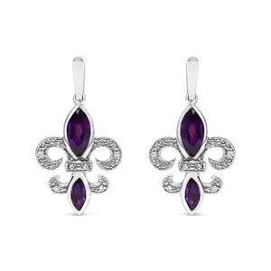 .925 Sterling Silver Marquise Cut Amethyst and Diamond Accent Fleur De Lis Dangle Stud Earrings (H-I Color, SI1-SI2 Clarity)
