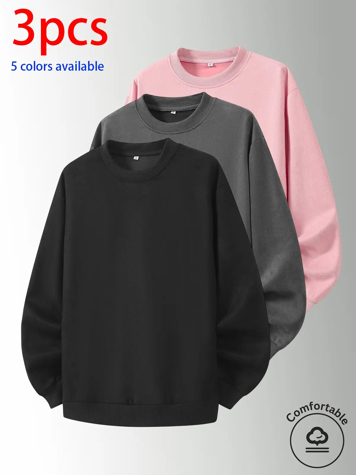 3-pack: men’s crewneck sweatshirt, men’s long-sleeve top, men’s pullover sweatshirt.Loose, comfortable fit; no print design; minimalist options available. Versatile for home, everyday casual wear, outdoor sports, campus, work, and commuting; suitable for