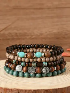 Wooden & Turquoise Beaded High Quality Premium Bracelet Set, Bohemian Ethnic Jewelry with Tree of Life Charms & Multi-Layer Design for Men's Daily & Casual Wear