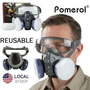 [SummerVibes]Greenish Pomerol Respirator Reusable One-Piece Gas Mask with Safety Glasses Filters for Painting Chemicals Organic Vapors Welding Polishing Woodworking Work Protection Face