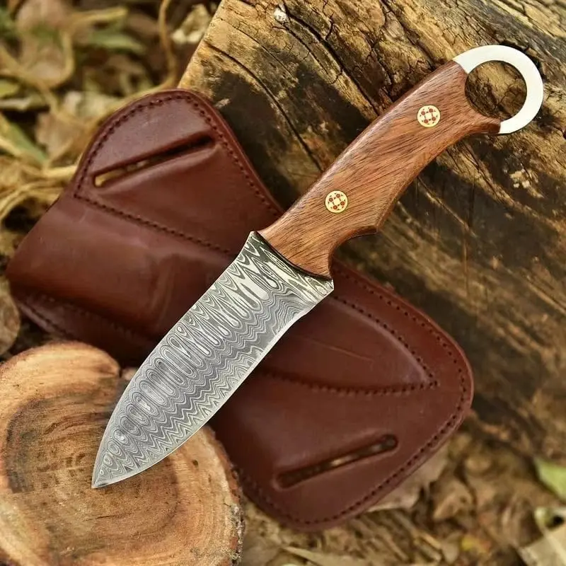 tactical utility gear Damascus Hunting Knife Scour Carry Knife Full Tang Ring Pommel Rosewood handle Tracker Knife