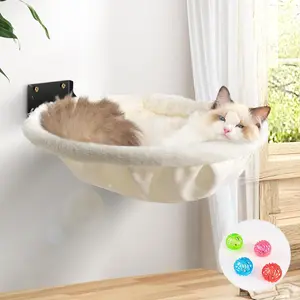 Wall-mounted cat hammock, foldable and stable cat bed - Breathable cat wall shelf, suitable for sleeping, playing, climbing and resting - Maximum weight capacity 30 pounds (cream color, faux rabbit fur)