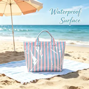 Classic American Striped PVC Tote Bag, Macaron Color Summer Bag for Beach & Daily Wear