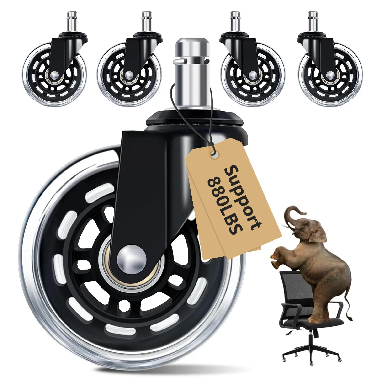 3 Inch Office Chair Caster Wheels Replacement (Set of 5) - 7/16" Stem, Universal Fit for Most Rolling & Gaming Chairs, Smooth Quiet Rolling with Floor Protection for Carpet, Hardwood & Tile