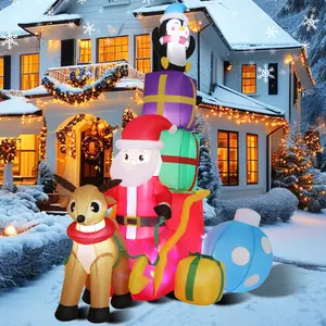 Whubefy 6FT Inflatable Santa Claus on Sleigh with Reindeer & Penguin, Christmas Inflatable Decorations for Outdoor & Indoor, Gift Boxes and Build-in Colorful LED Lights Christmas for Yard Garden Lawn Xmas Holiday Decor, Blower Included, Christmas Gifts