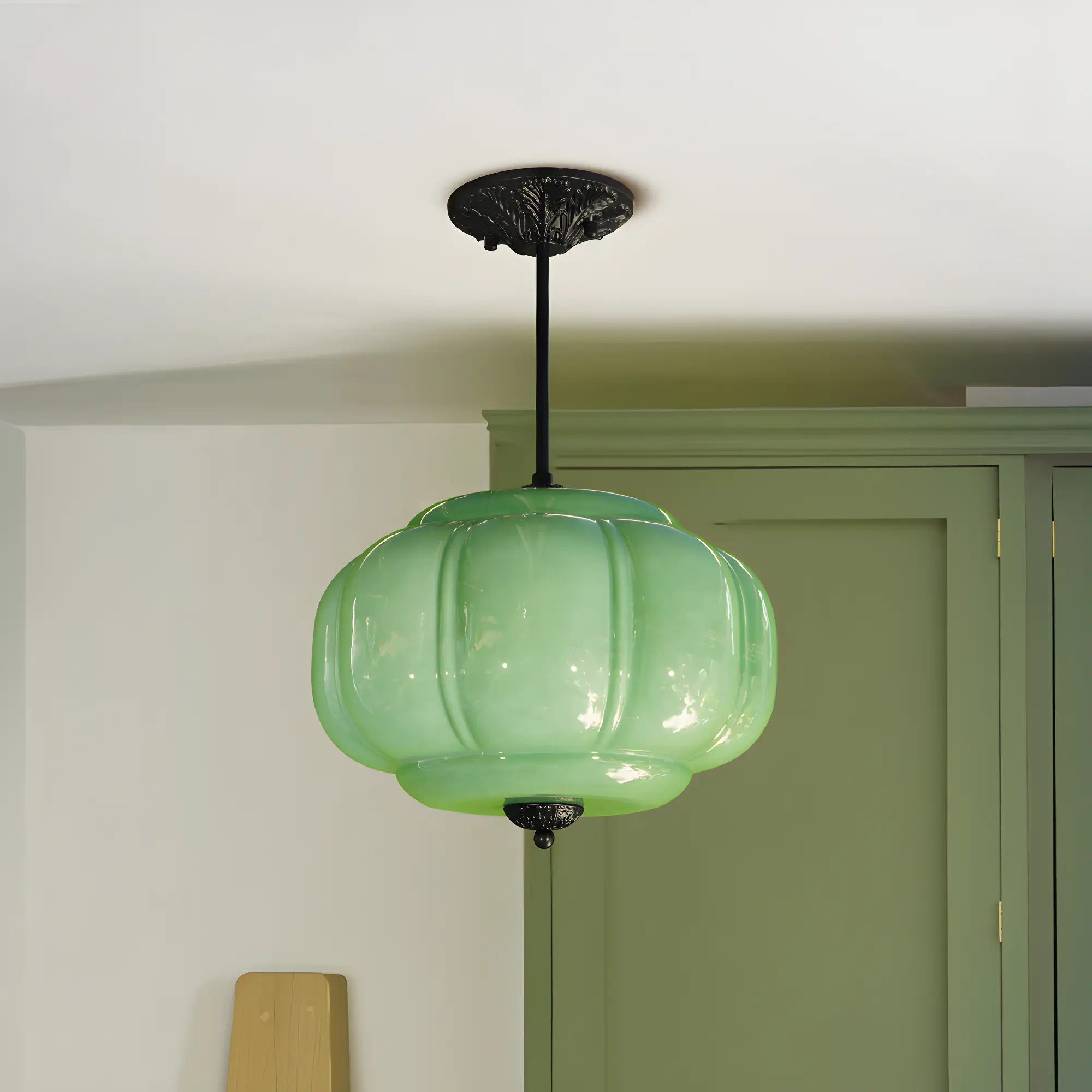 14-Inch Green Pumpkin Glass Pendant Light, Vintage 1-Light Hanging Lamp with E26 Tri-Color Bulb for Kitchen, Living Room, Dining Room & Bedroom