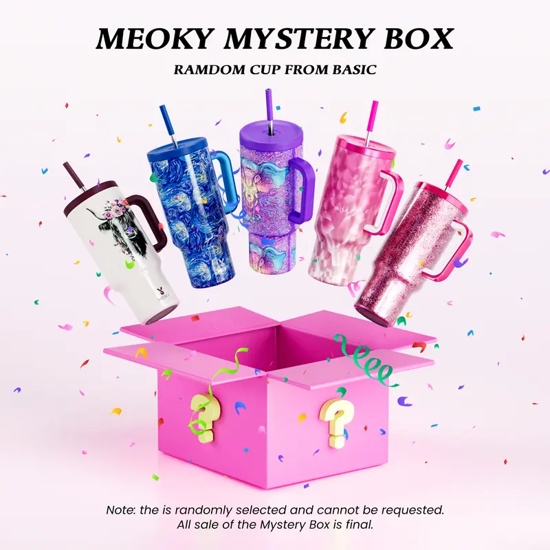 【Meoky Mystery Box】40oz Mystery Meoky Tumbler with Handle and Straw -Leak-proof Lid - Food grade stainless steel Cup - BPA Free - Compatible for Daily use and Traveling (1 Mystery Box 1 cup),Valentine's Day gift