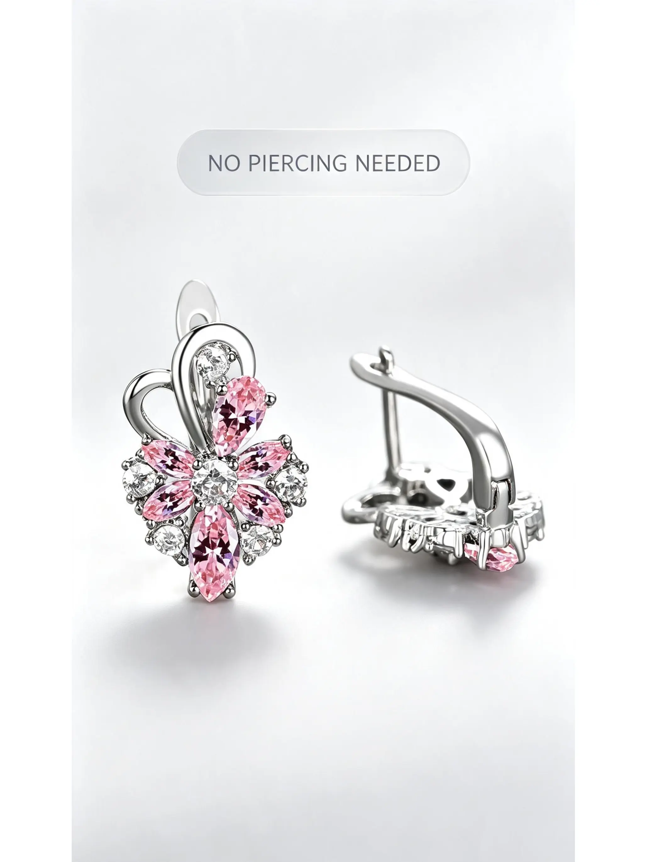 Unisex Silver-Plated Pink Crystal Floral Motif Clip-On Earrings - Geometric Shape Costume Jewelry for Wedding, Daily Wear