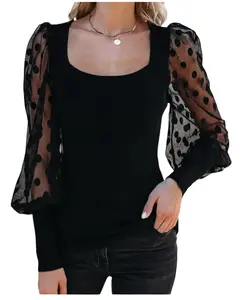 Elegance Fit Dotted Sleeves Ribbed Knit Top