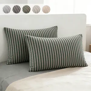 Set of 2 Stripes Jersey Knit Pillowcases 100% T-Shirt Cotton Super Soft Comfy Breathable Envelope Closure, Super Soft