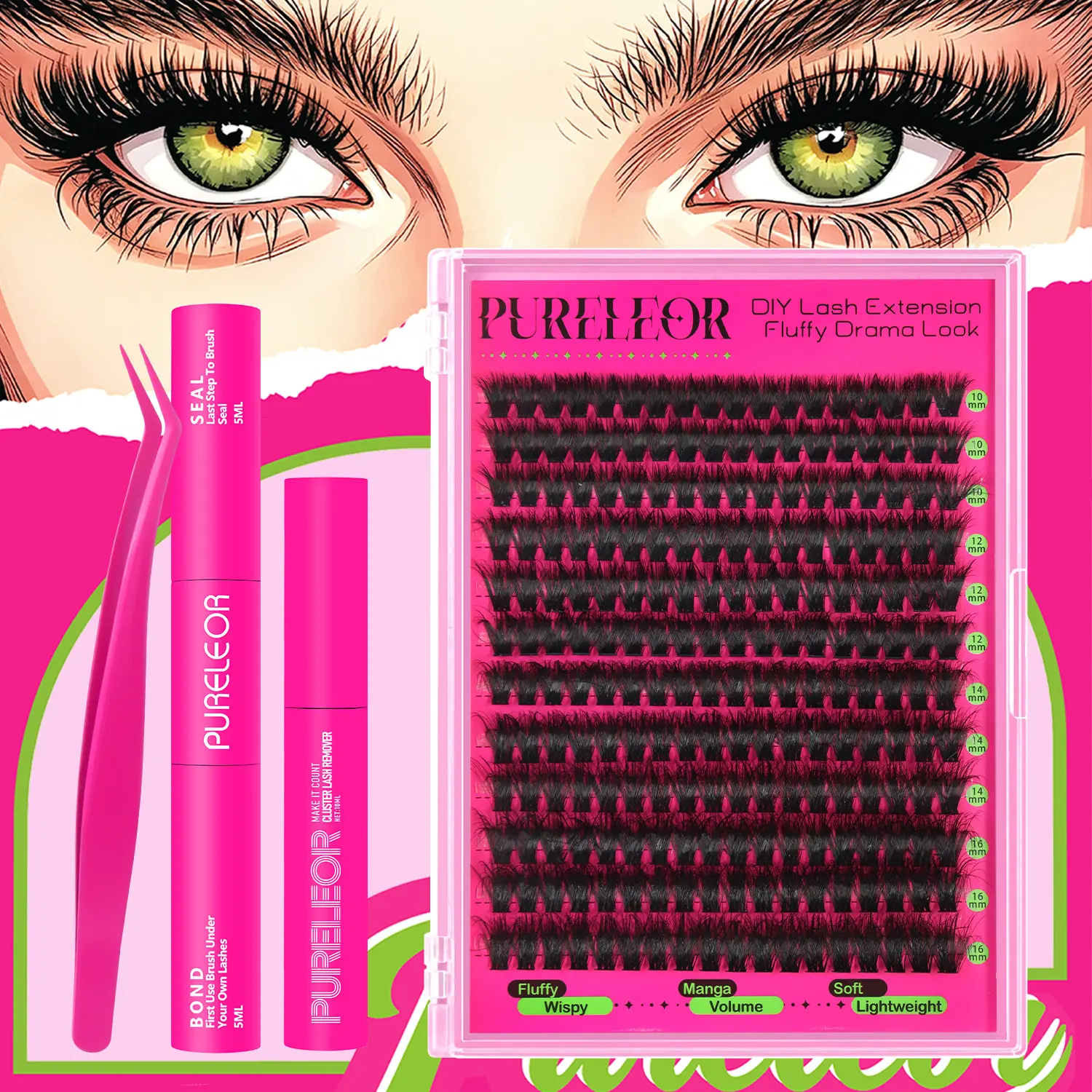 PURELEOR D-Curl Lash Clusters, Thick Volume Individual Eyelashes (10-16mm Mixed Lengths), Waterproof Reusable Beginner-Friendly False Lashes with/without Glue, Remover & Tweezers for Daily & Party Makeup