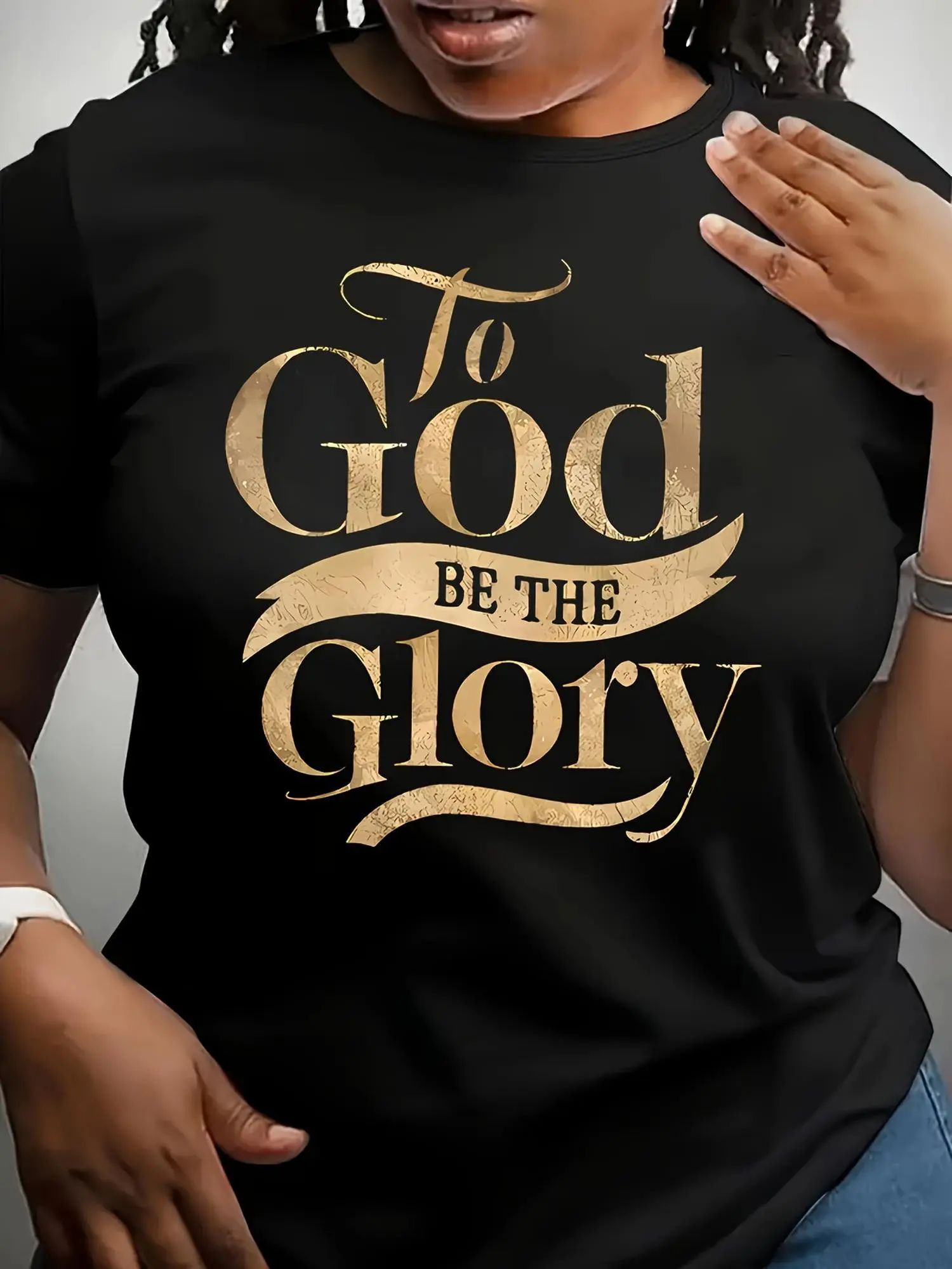 Women'S Inspirational 'Glory to God' T-Shirt - Soft, Round Neck, Short Sleeve, Machine Washable - Black with Golden Lettering, Casual Pullover, Motivational Faith-Based Design, Fashionable Font Style, Plain T Shirts for Ladies