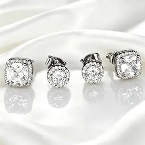 925 Sterling Silver Stud Earrings Set, 2 Styles Round & Square Halo CZ Studs, Hypoallergenic Couple Earrings for Men Women, Sparkling Daily Jewelry Gift