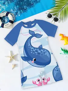 Boys' one-piece swimsuit "Blue Whale Adventure Summer New Style" in blue and white color block with large cartoon whale print, fresh and eye-catching, perfect for creating a vibrant atmosphere for swimming in the pool or playing by the seaside in summer~