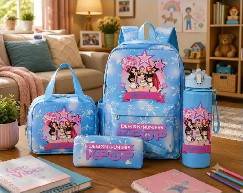 4Pcs K-Pop Demon Hunter Anime Backpack Set Lunch Bag Pencil Case Water Bottle Blue Pastel