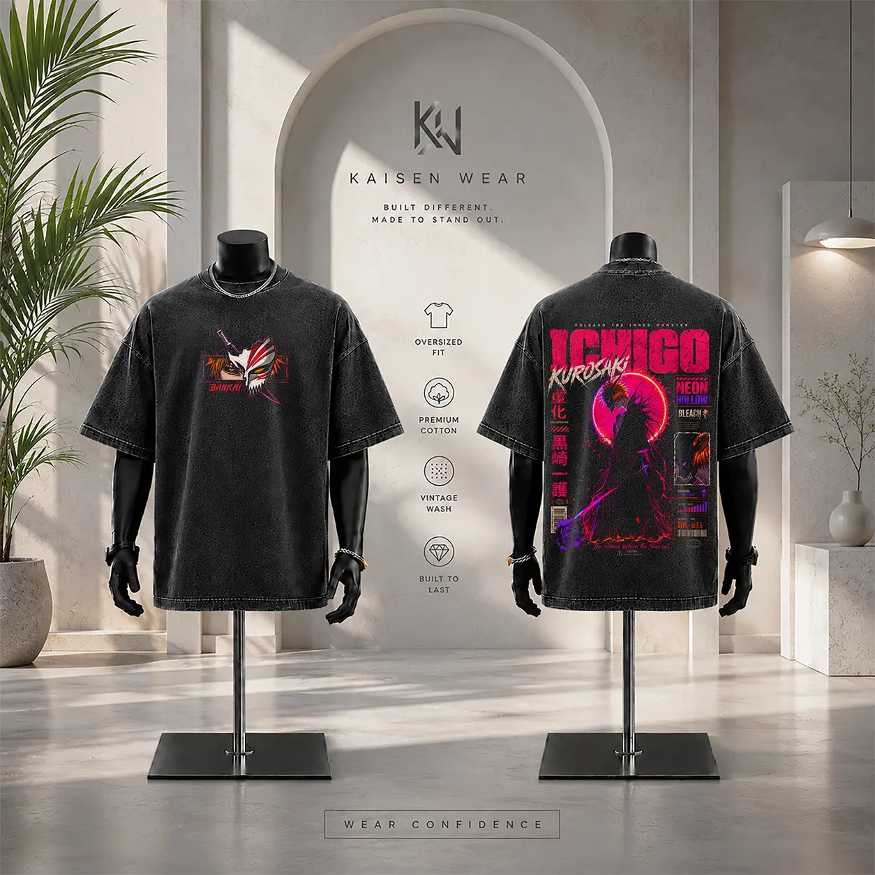 Ichigo Kurosaki Bleach Anime Graphic Oversized T-Shirt & Sleeveless Muscle Tank Top, Neon Hollow Mask Bankai Merch, Vintage Acid Wash Streetwear, Premium Cotton Manga Tee, Retro Grunge Fan Gift Unisex