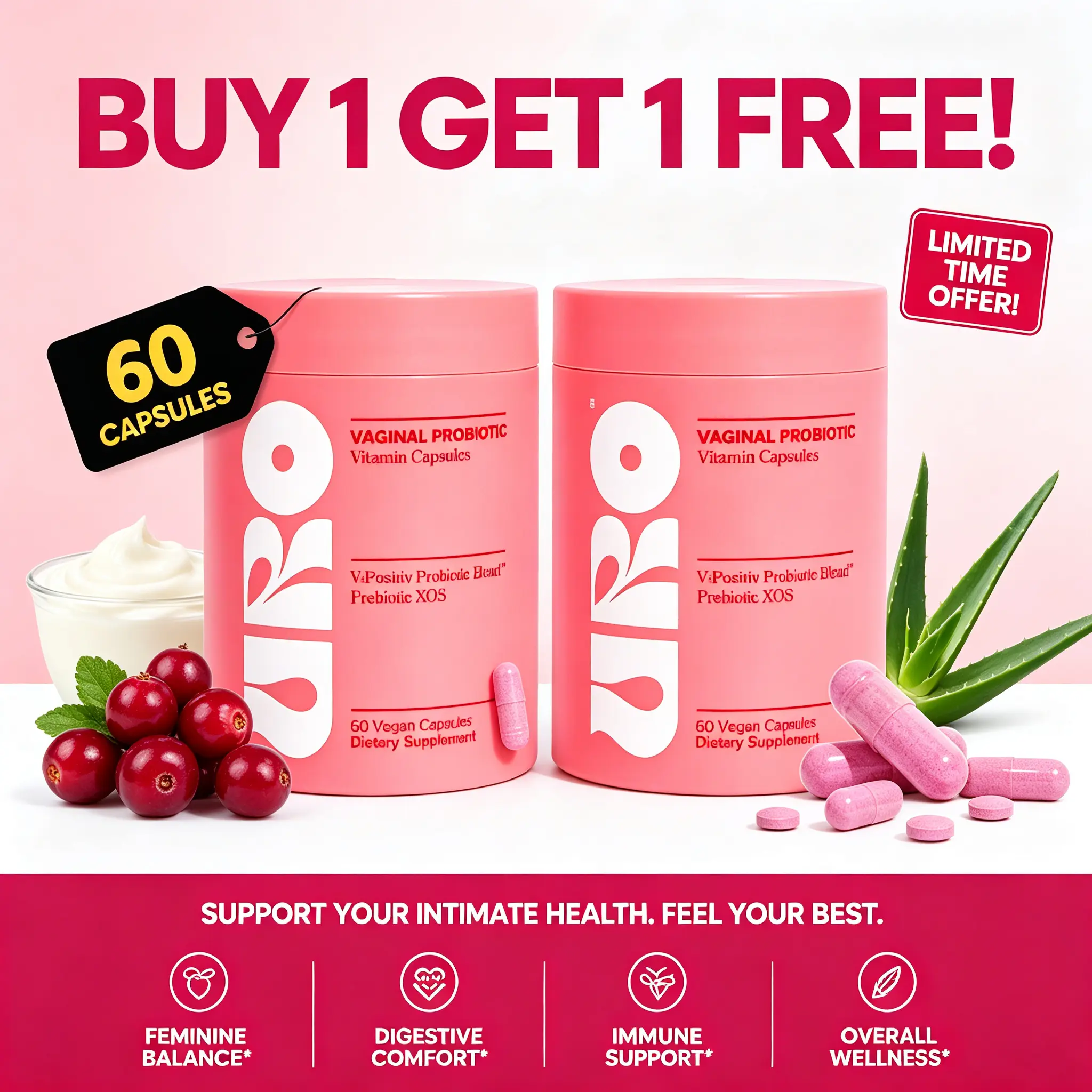 【BUY 1 GET 1 FREE】Uro Women's Probiotics - -RO Prebiotic and Probiotic Capsules-60 Count